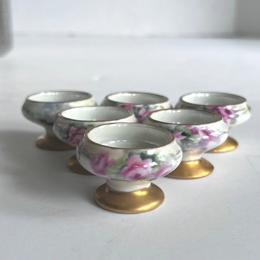 Vintage Hand Painted Porcelain Salt Cellars Set of 6 Pink Rose Gold Footed Bowls
